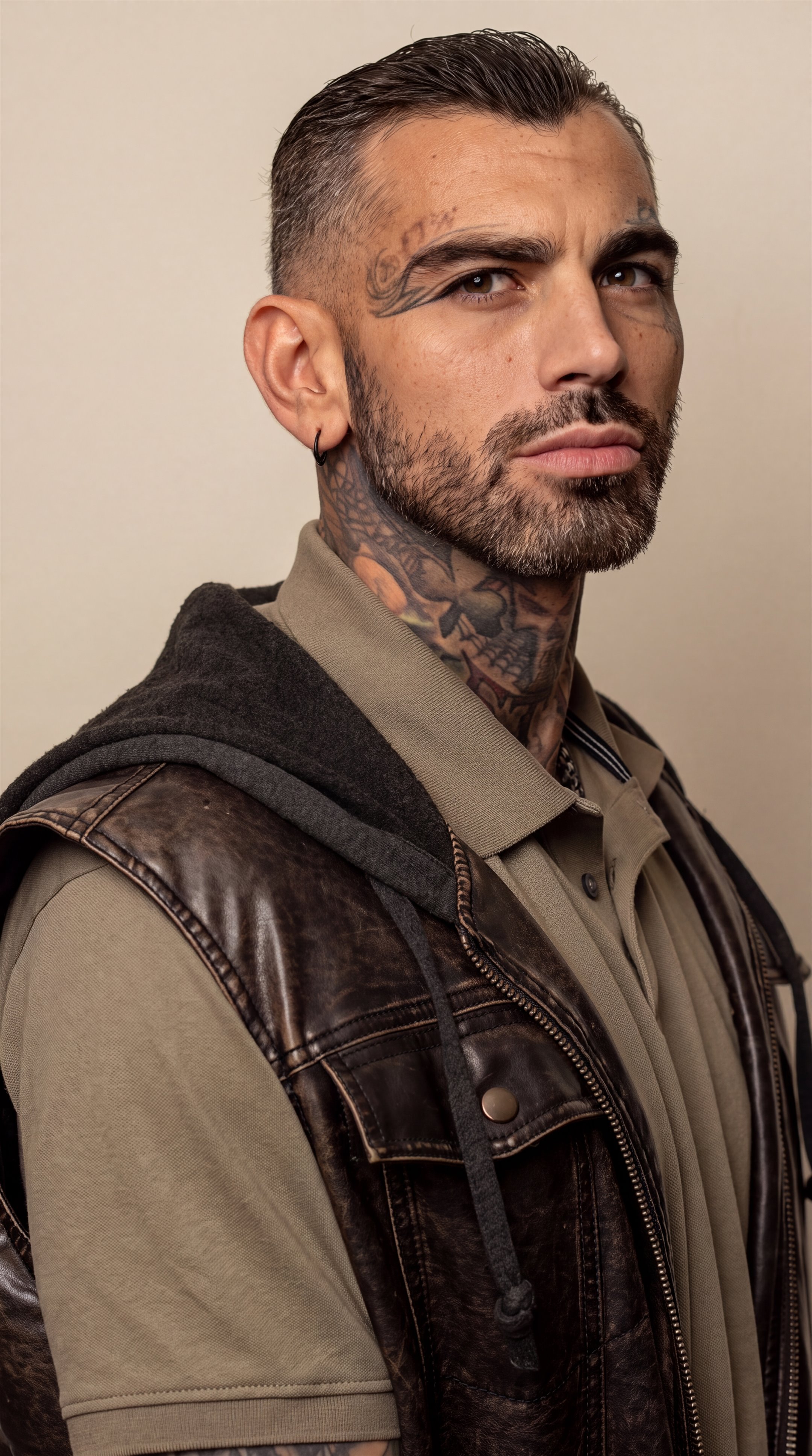 Scotty GLL, dating coach, in a leather vest and olive polo